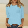 thumbnail image 2 of TQWQT 3/4 Length Sleeve Womens Tops Casual Loose Fit Crewneck T Shirts Cute Solid Three Quarter Length Tunic Tops Light Blue M, 2 of 5