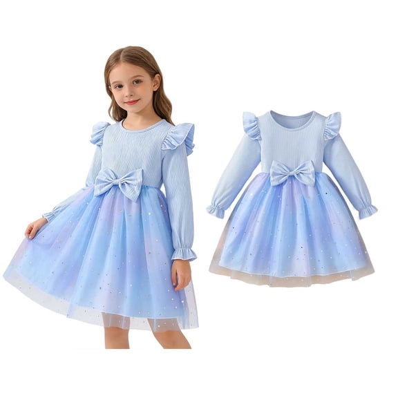 Kids Tutu Dress Ruffles Long Sleeve Girls Blue Dress Sparkly Girls Tulle Dress Winter Dress Girls Dresses 9-10 Years