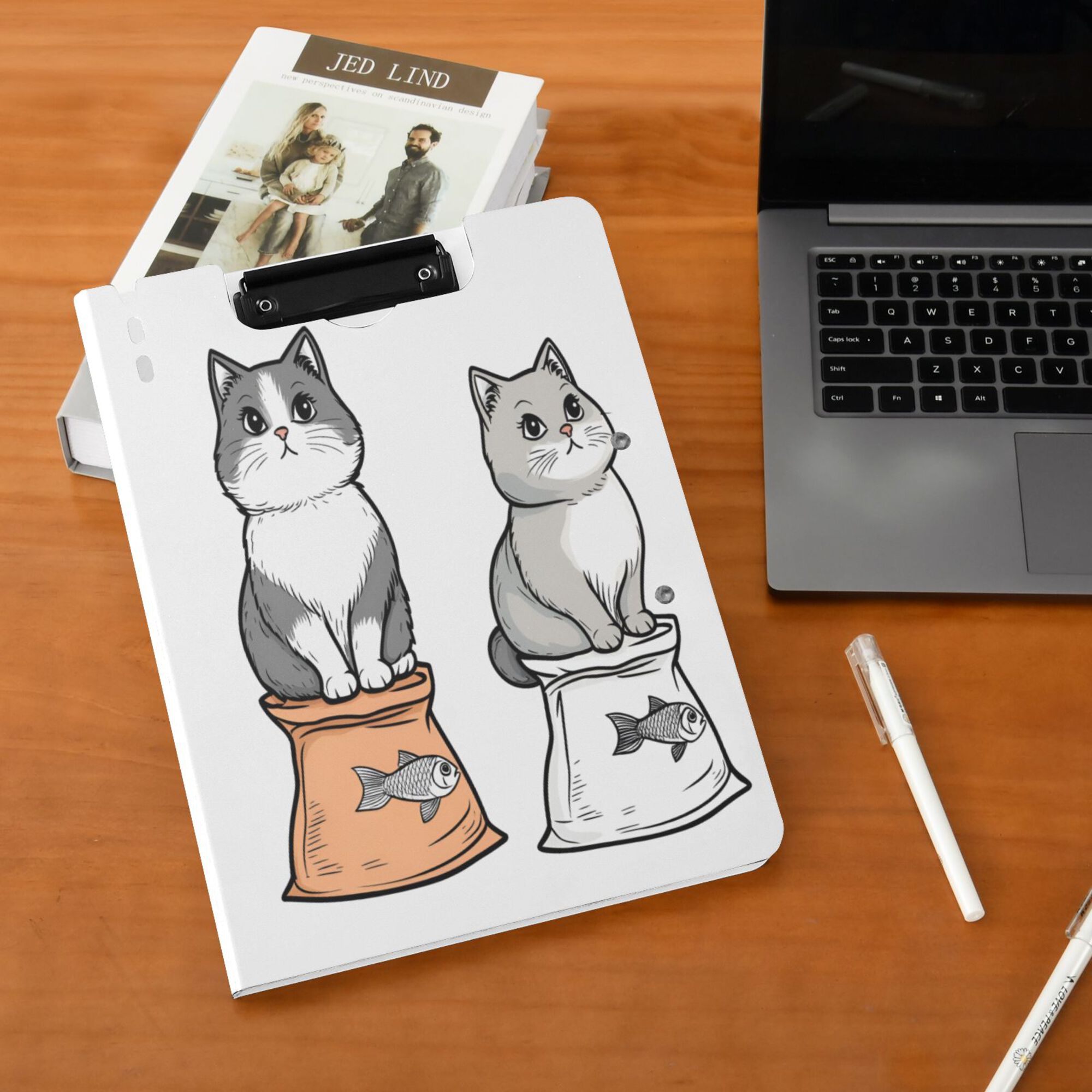 FORMRS A4 Clipboard Folder with Pen Holder Horizontal Foldable School Office Binder, Gray Cute Chubby Cat