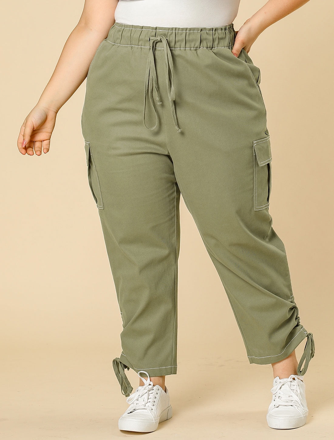Plus Size Cargo Pants for Women High Waist Drawstring Elastic Waist 1X Army Green