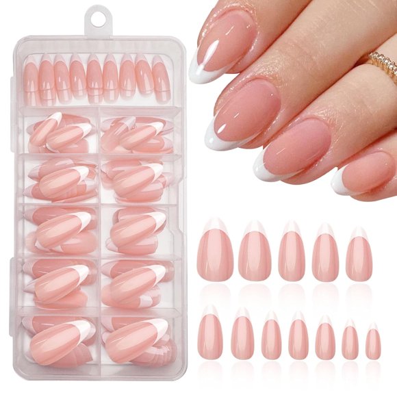 Vensio -120Pcs French Tip Press on Nails with Glossy Almond Design, White French Tips Acrylic Glue on False Nails for Women, Reusable Stick on Nails Kit with File