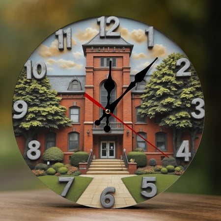 Wall Clock Decorative - Classic Red Building Print 2D Vintage Wall Clocks Battery Operated Silent Non-Ticking for Bedroom, Living Room, Kitchen, Office, Classroom, 10 Inch