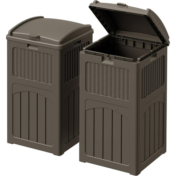 Sunny Lane 33 Gallon Outdoor Trash Can with Dual Lid, Heavy Duty Waterproof Resin Garbage Bins Outside, Hideaway Waste Bins for Patio, Outside Pool, Backyard and Deck (2, Deep Brown)