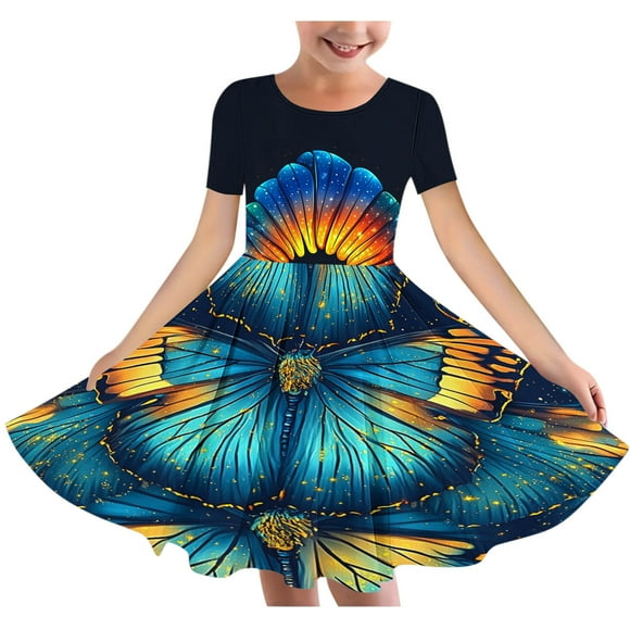 QIPOPIQ Girl's Summer Van Gogh Art 3D Print Crewneck Short Sleeve T-Shirt Swing Dress Clearance