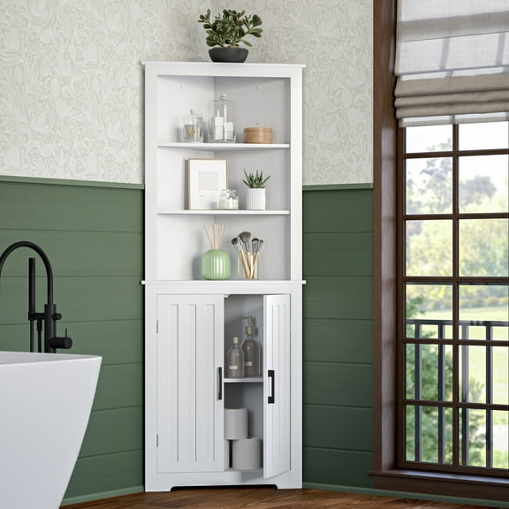 RiverRidge Monroe Tall Corner Bathroom Storage Cabinet Organizer Display Shelves - White