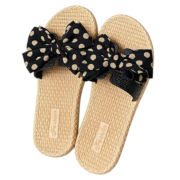 Women's Polka Dot Bow Woven Slides, Non-Slip Summer Sandals