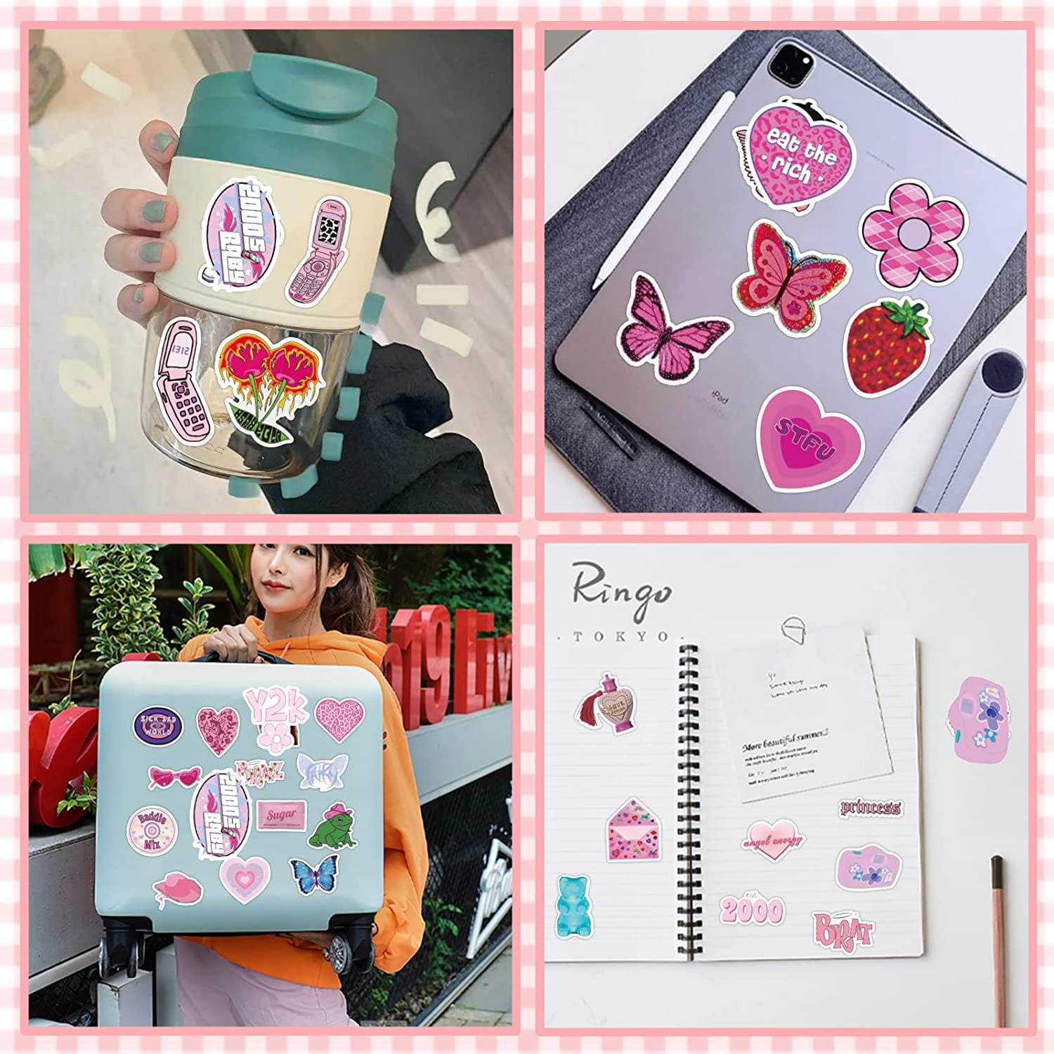 K1tpde 52PCS Y2k Aesthetic Stickers, Cyber 2000s Fashion Sticker for Girls  Pink Heart 