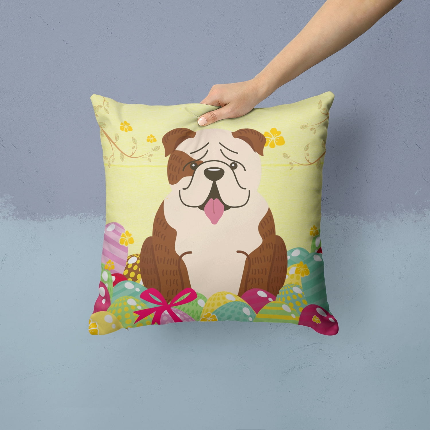 Carolines Treasures BB6121PW1414 Easter Eggs English Bulldog Brindle White Fabric Decorative Pillow