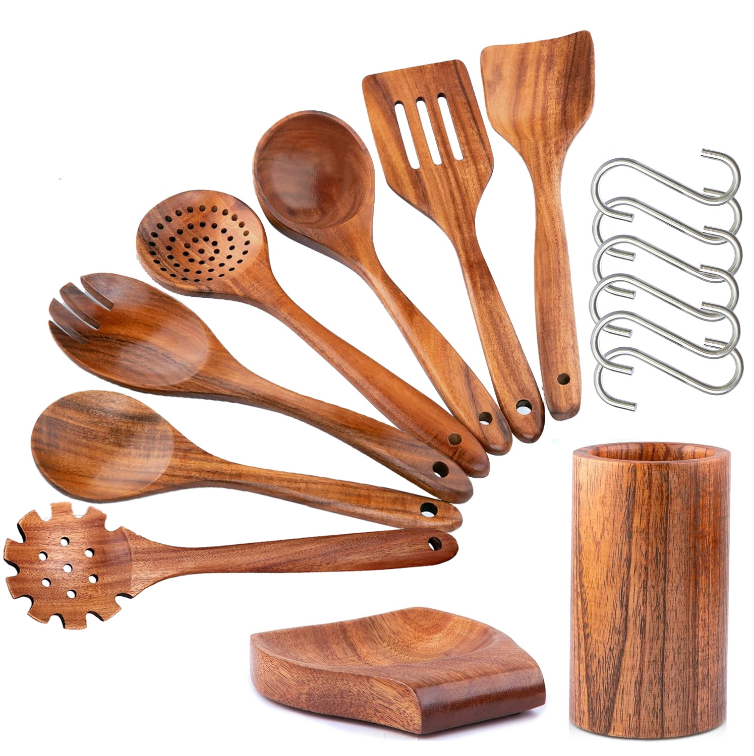 Renexas 9 Pcs Teak Wooden Spoons for Cooking– Non-Toxic, Non-Stick Kitchen Utensils Set Wood Spatulas with Hooks, Spoon Rest & Holder – Lightweight, Heat Resistant, Eco-Friendly.