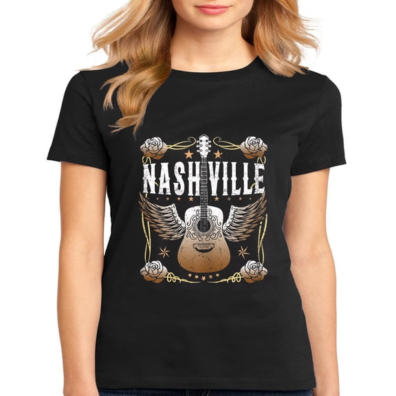 Tshirt for Women Nashville Guitar Player Vintage Nashville Country Music City Casual Short Sleeve Tops Black 3X-Large