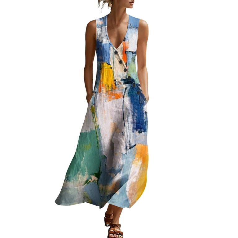 fancy summer maxi dresses Odbmxy A-Line Women's Maxi Dress Fancy Summer Graphic Sleeveless Sun Dresses Women Flowy V-Neck Everyday, Size: Medium