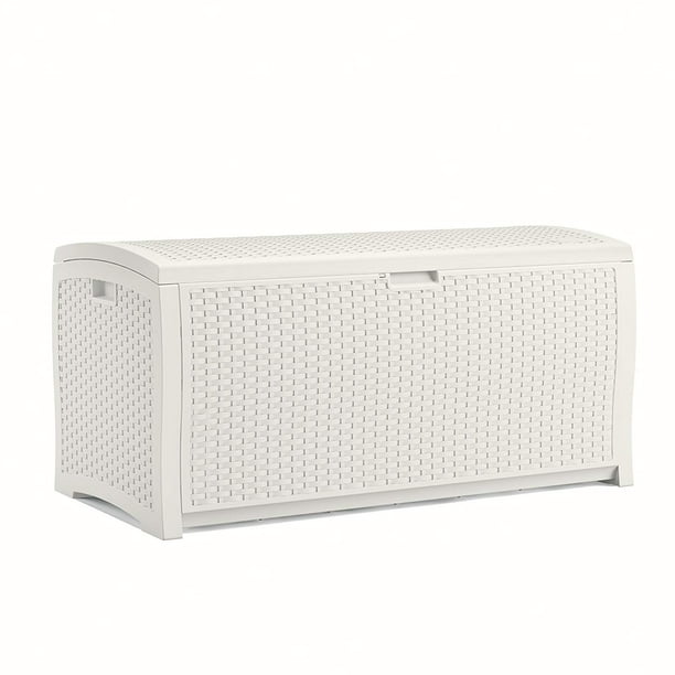 Suncast 99 Gallon Outdoor Resin Wicker Deck Storage Box White Com Suncast 99 Gallon Outdoor Resin Wicker, Wicker Patio Storage Box