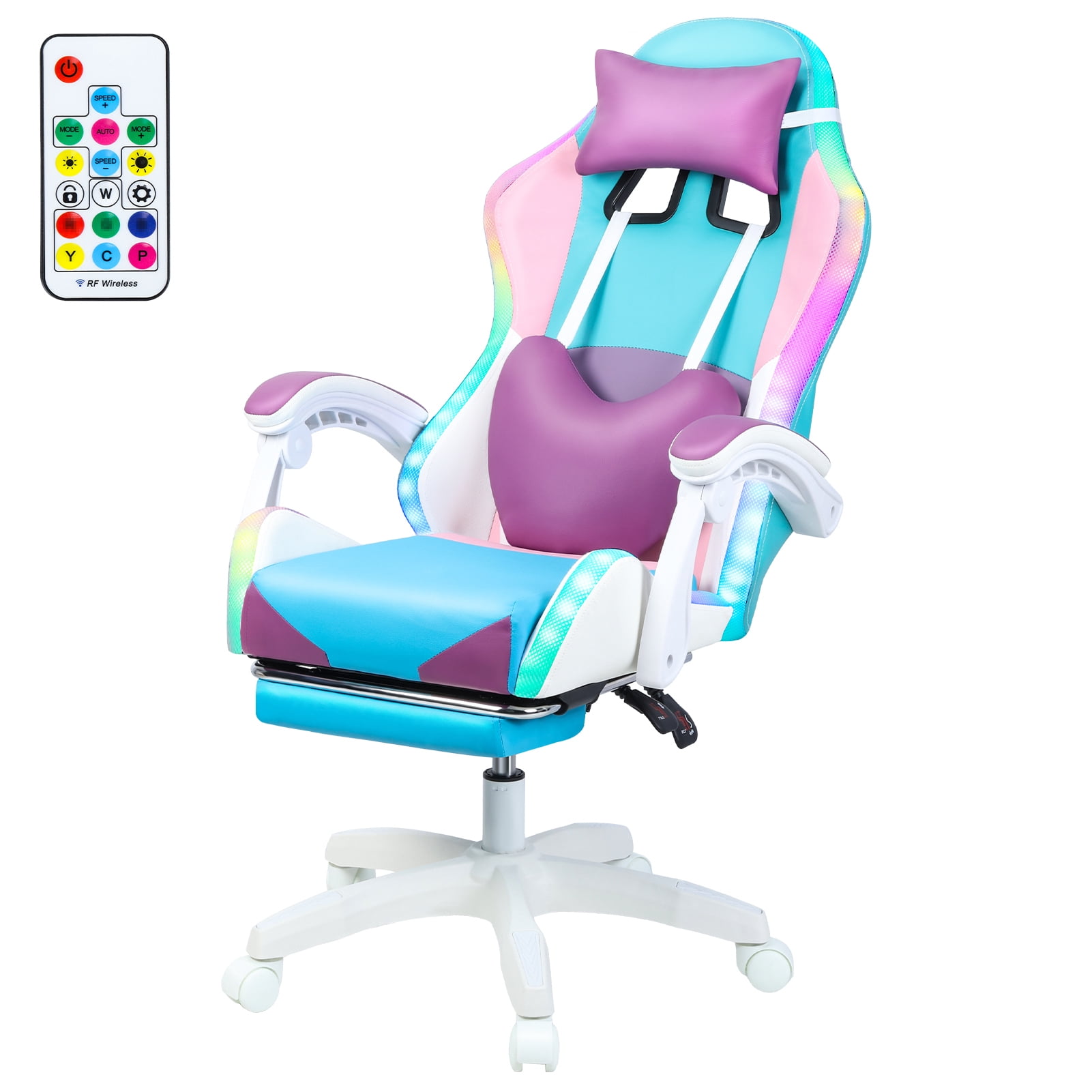 Frogued Gaming Chair with LED Lights for Girls, 360-degree Swivel Base, Ergonomic Computer Chair with Massage and Footrest, Reclining Video Game Chair for Adult