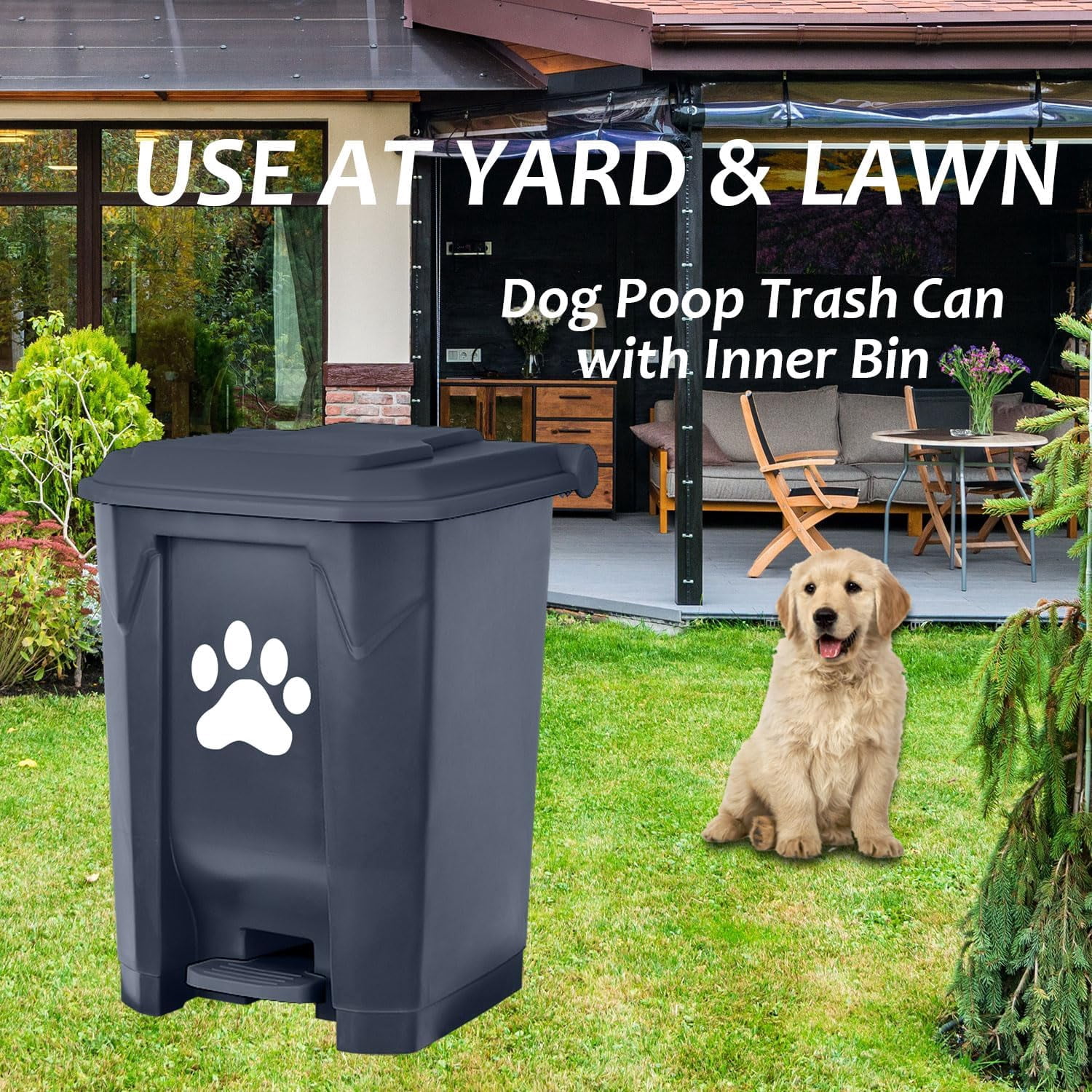 Dog Poop Trash Can Outdoors Pet Waste Station with Lid Dog Waste Disposal Container with Removable Inner Bin Bucket Hands-Free Pedal Garden Yard Home with Waste Bags, Black