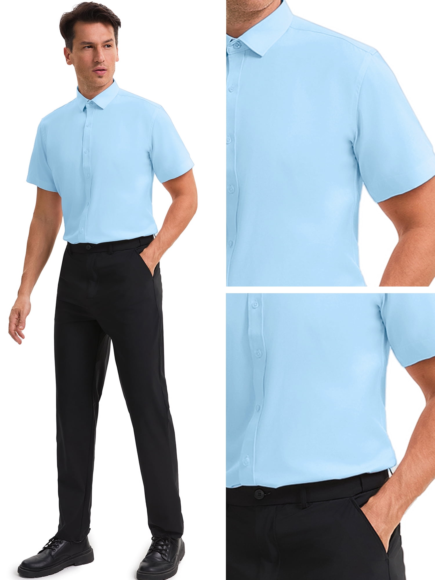 Unique Bargains Men's Short Sleeve Lightweight Business Formal Button Down Shirt L Blue