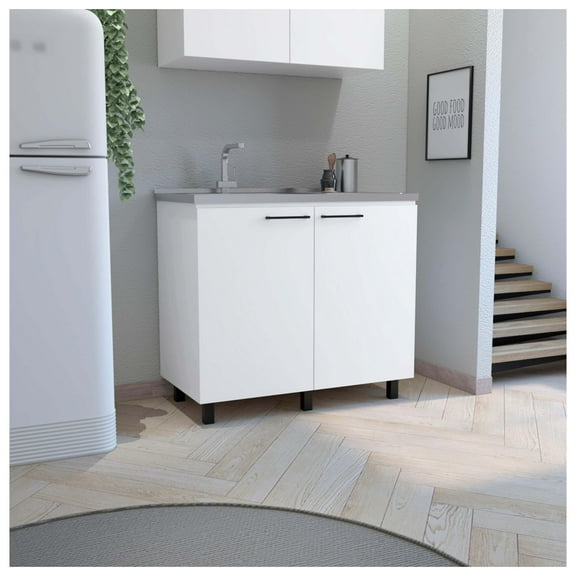 Napoles Utility Sink with Storage Cabinet, White Stainless Steel Countertop, Interior Shelf for Laundry or Kitchen