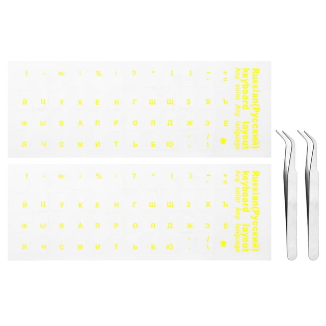 Unique Bargains Clavier Russe Autocollant Remplacement Clavier Couvercle Fond Clair avec Lettrage Jaune avec Pince à Épiler 2 Pack