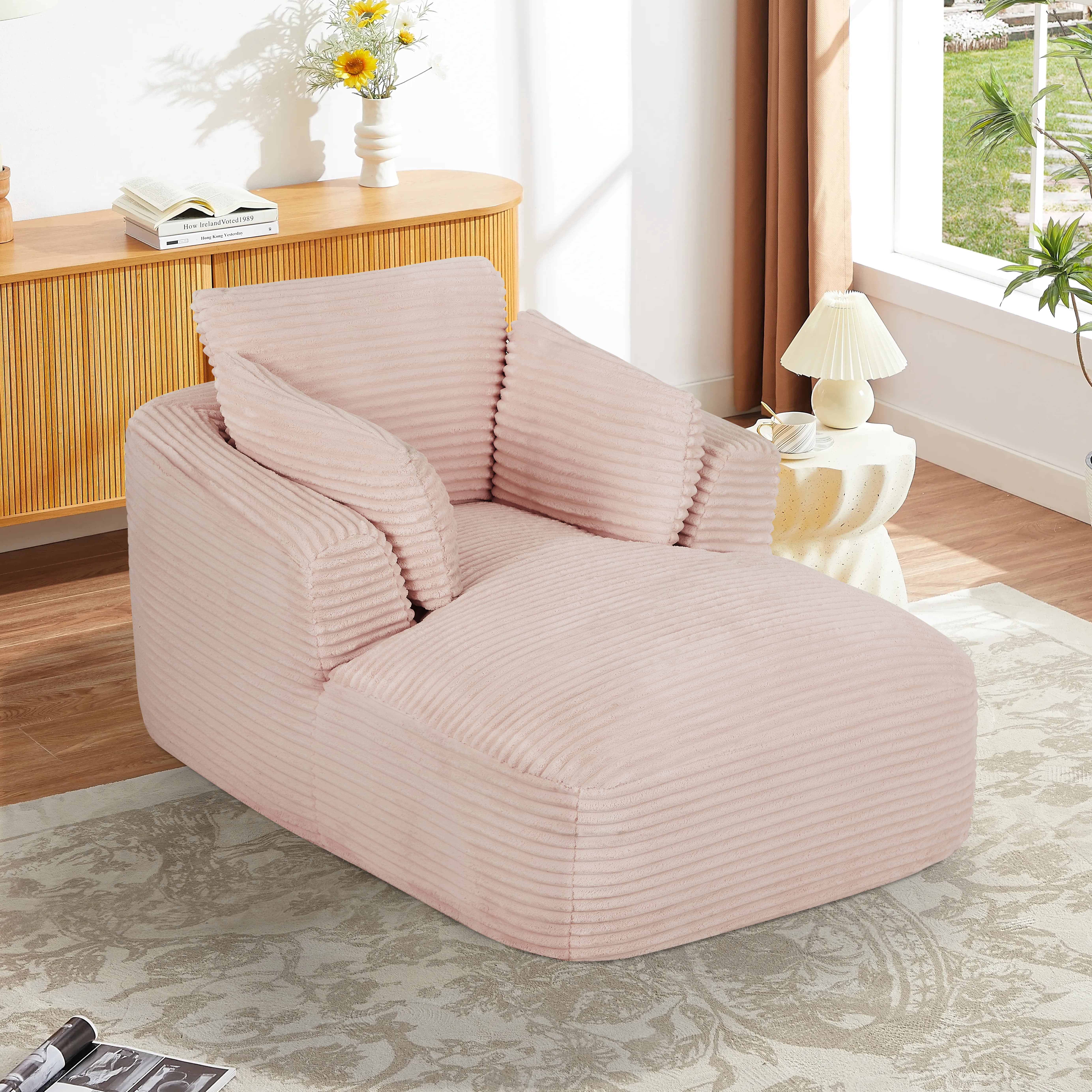 MAYEERTY Oversized Corduroy Chaise Lounge Sofa, Modern Couch with Spring Cushion for Apartment, 45*65*36"Pink