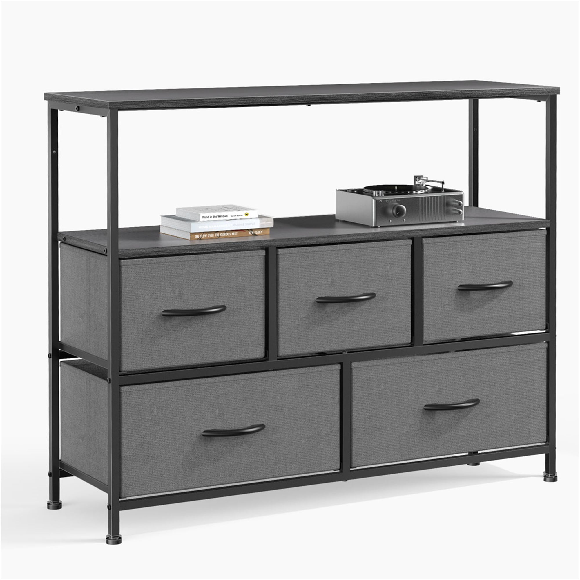 Kadyn Chest of Drawers ,TV Stand for Bedroom with Drawers,Entertainment Center with Open Display Metal Shelf 5 Fabric Storage Dresser ,Gray Kadyn Chest of Drawers ,TV Stand for Bedroom with Drawers,Entertainment Center with Open Display Metal Shelf 5 Fabric Storage Dresser ,Gray