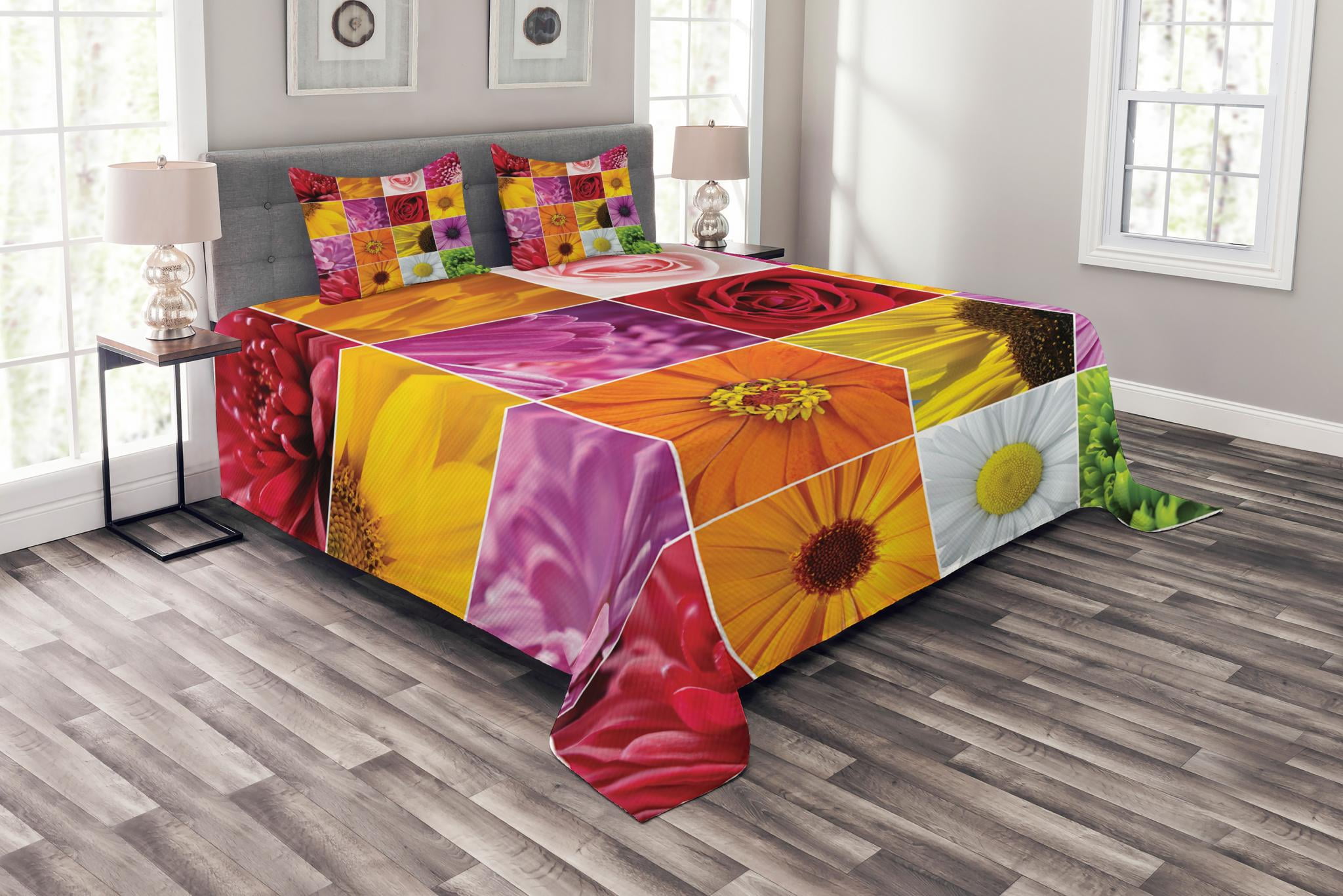 Flower Bedspread Set King Size, Chrysanthemum Rose Sunflower Violet Colorful Flowers Romance