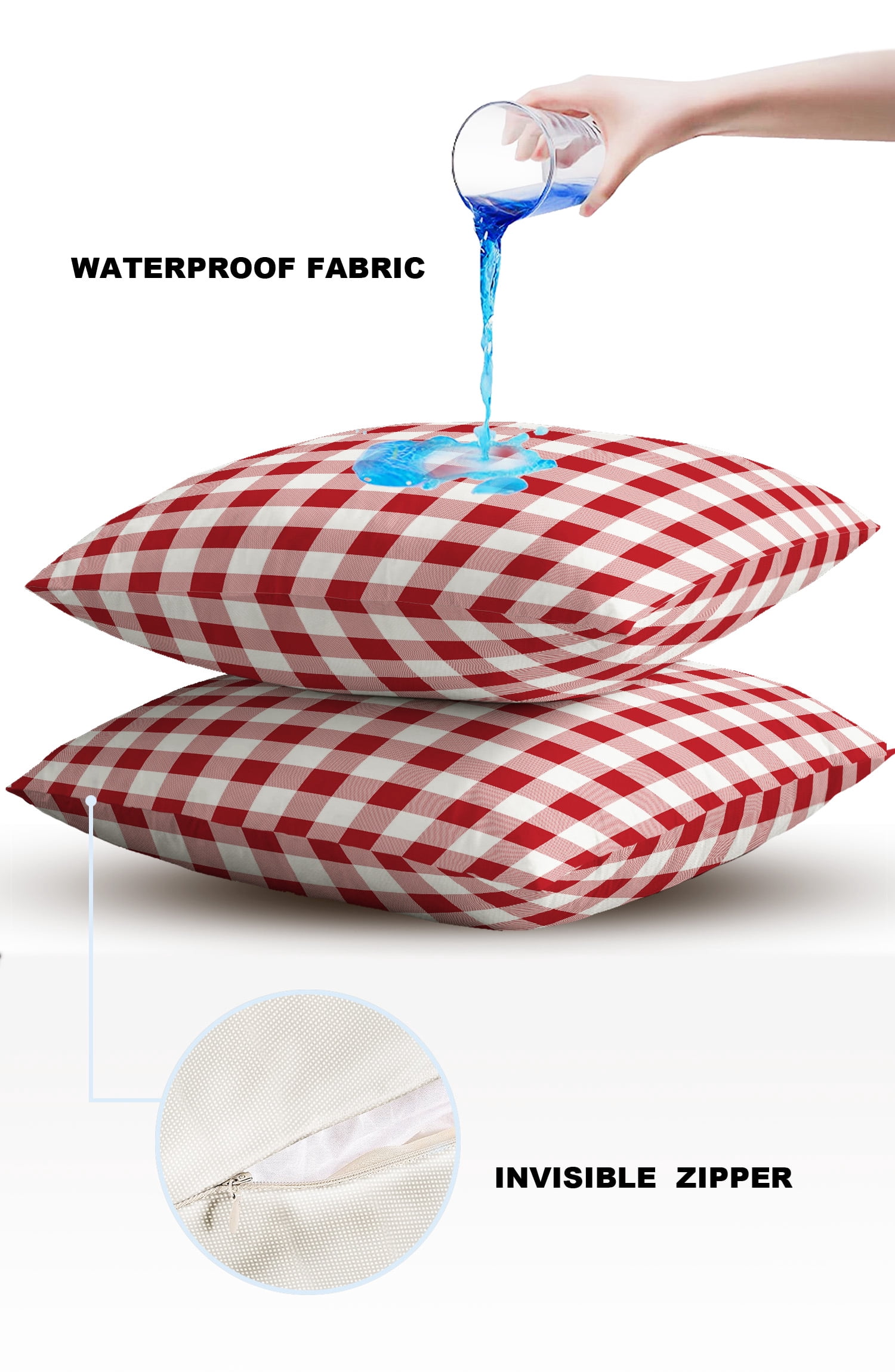 Outdoor Waterproof Throw Pillow Covers Set of 2 Red White Plaid Decorative Pillowcases Square Outdoor Pillows Cushion Case 18x18 Inch Buffalo Check Geometric Patio Pillows for Couch Sofa Bed Garden