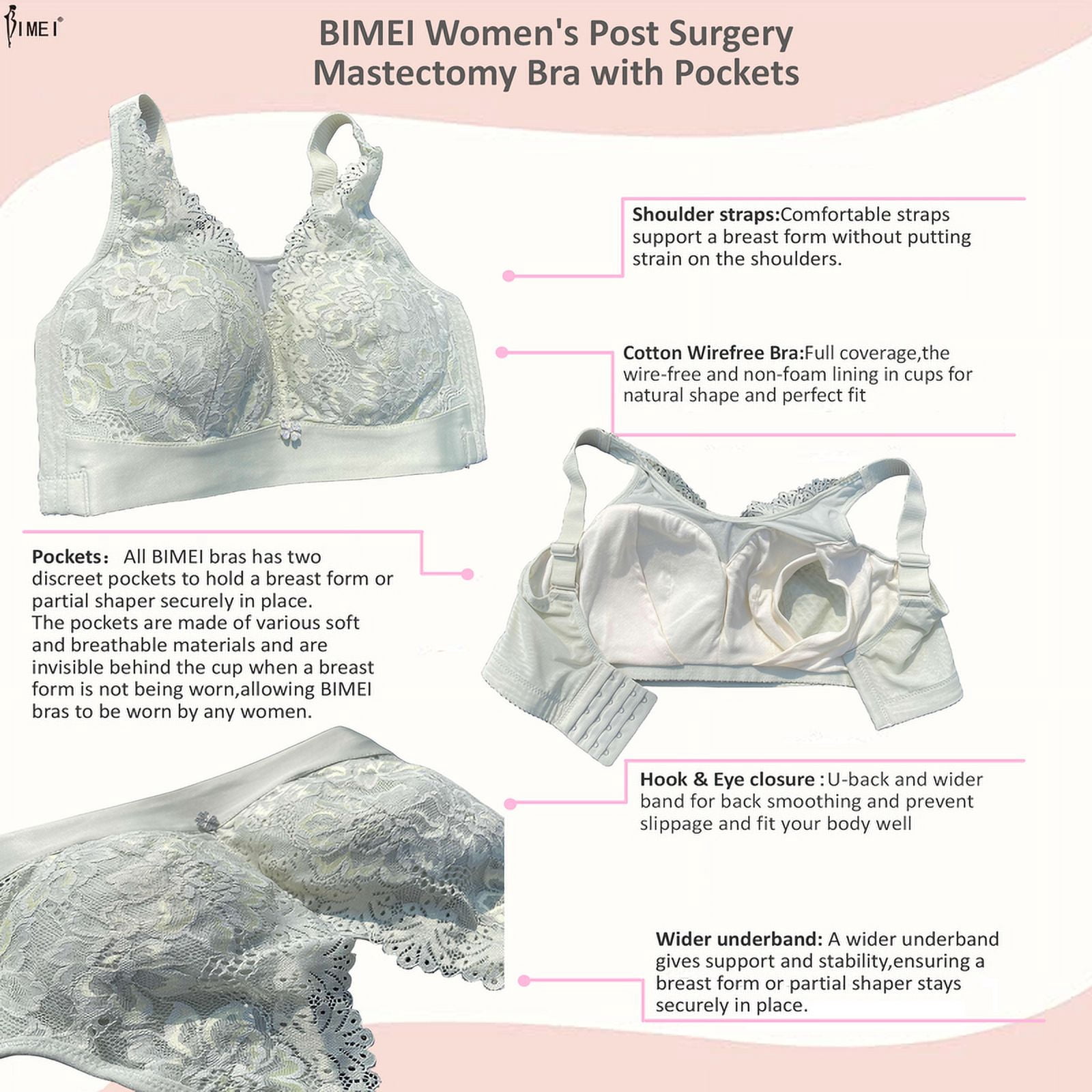 BIMEI Women Mastectomy Bra Breast Prosthesis with Pockets Wirefree Comfort Everyday Bra 2425,Green,44B/C/D/E