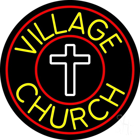 Village Church With Border LED Neon Sign 18 X 18 - inches Black Square Cut Acrylic Backing, with Dimmer - Premium built indoor Sign for Home décor, Event, Religious place, Store interior.