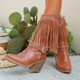 thumbnail image 4 of Rokment Womens Fringe Wide Mid Calf Cowboy Boots Winter Fall Fashion Buckle Leather Chunky High Heel Western Cowgirl Riding Booties, 4 of 8