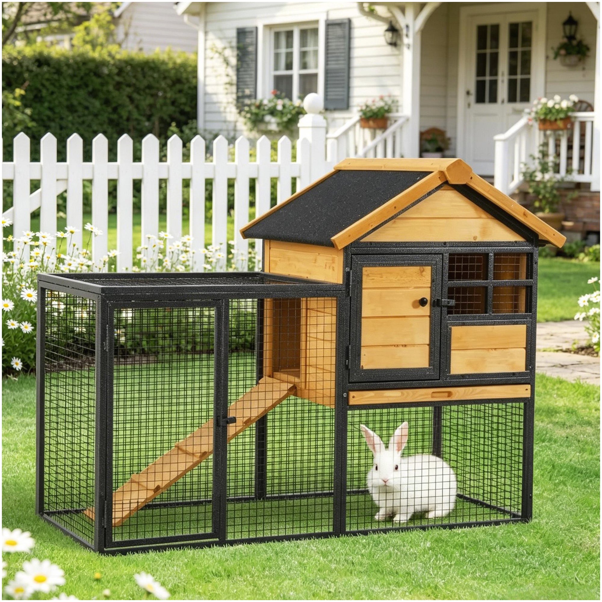 Rabbit Hutch with Outdoor Run, Weather-Resistant Wooden Pet Cage for Rabbits Guinea Pigs, Elevated House with Pull-Out Tray, Black and Light Yellow Finish