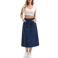 thumbnail image 2 of Falda de mezclilla para mujer Inspire Chic, con botones en la parte delantera, abertura, cintura alta, corte en A, con bolsillos, falda midi de mezclilla, talla S, azul oscuro, 2 of 6