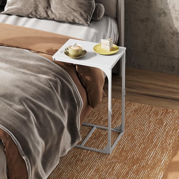 XH C Shaped End Table, Small Couch Side Tables with Metal Frame, Sofa Table TV Tray for Living Room, Bedroom, White