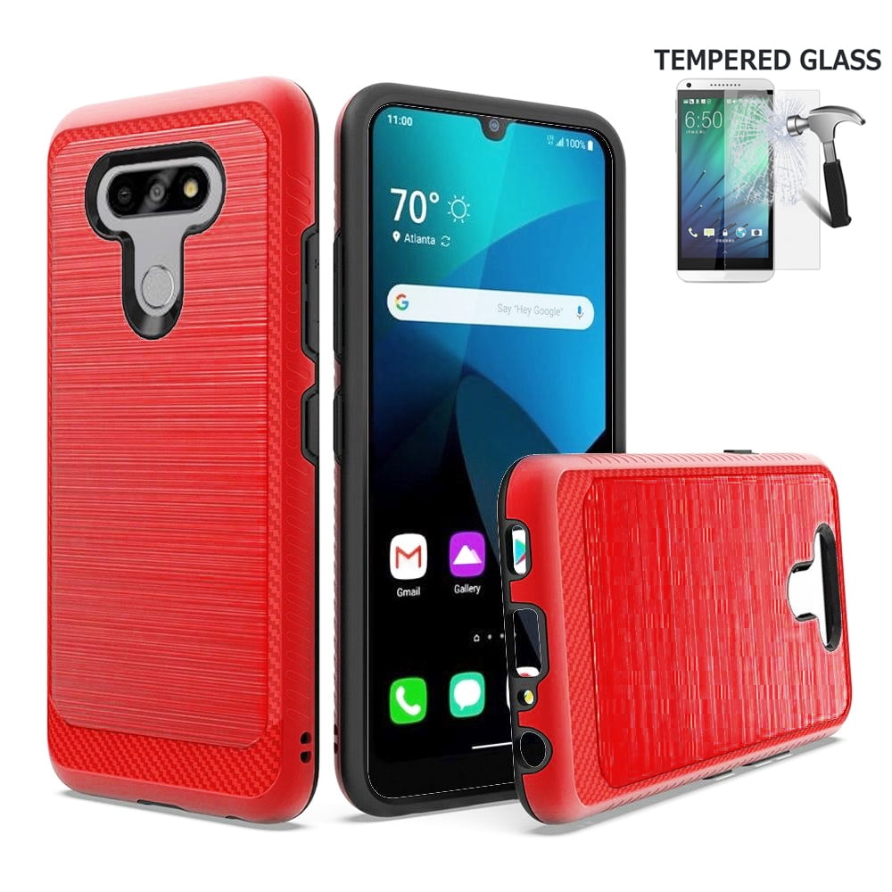 Phone Case For LG Premier Pro Plus L455DL / LG Xpression Plus-3 Screen Protector / Harmony 4 Case / Shock Absorbing Hybrid Cover (Brush Red / Tempered Glass)