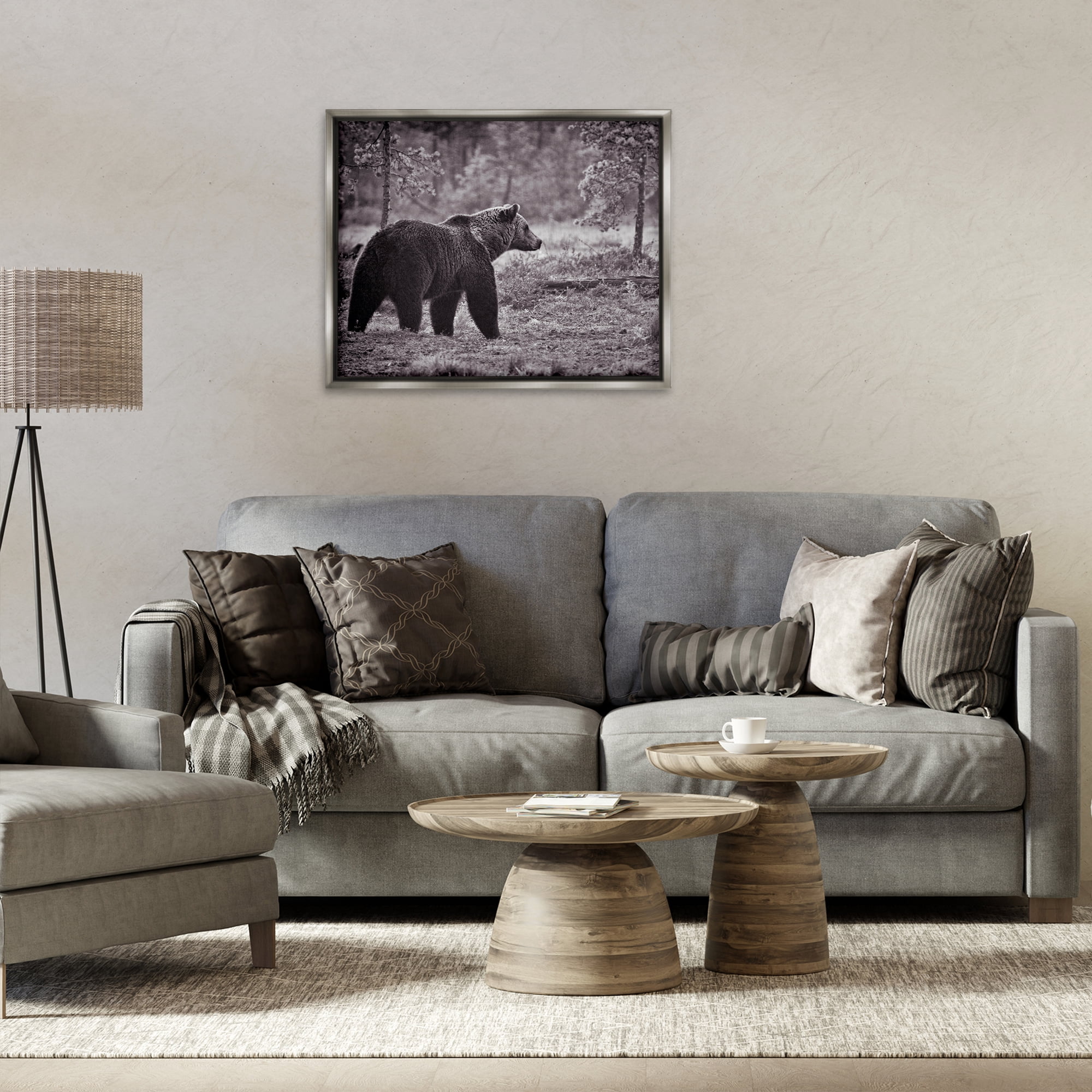 Stupell Industries Bear Stepping in Forest Animals & Insects Photography Gray Floater Framed Canvas Art Print Wall Art, 31 x 25