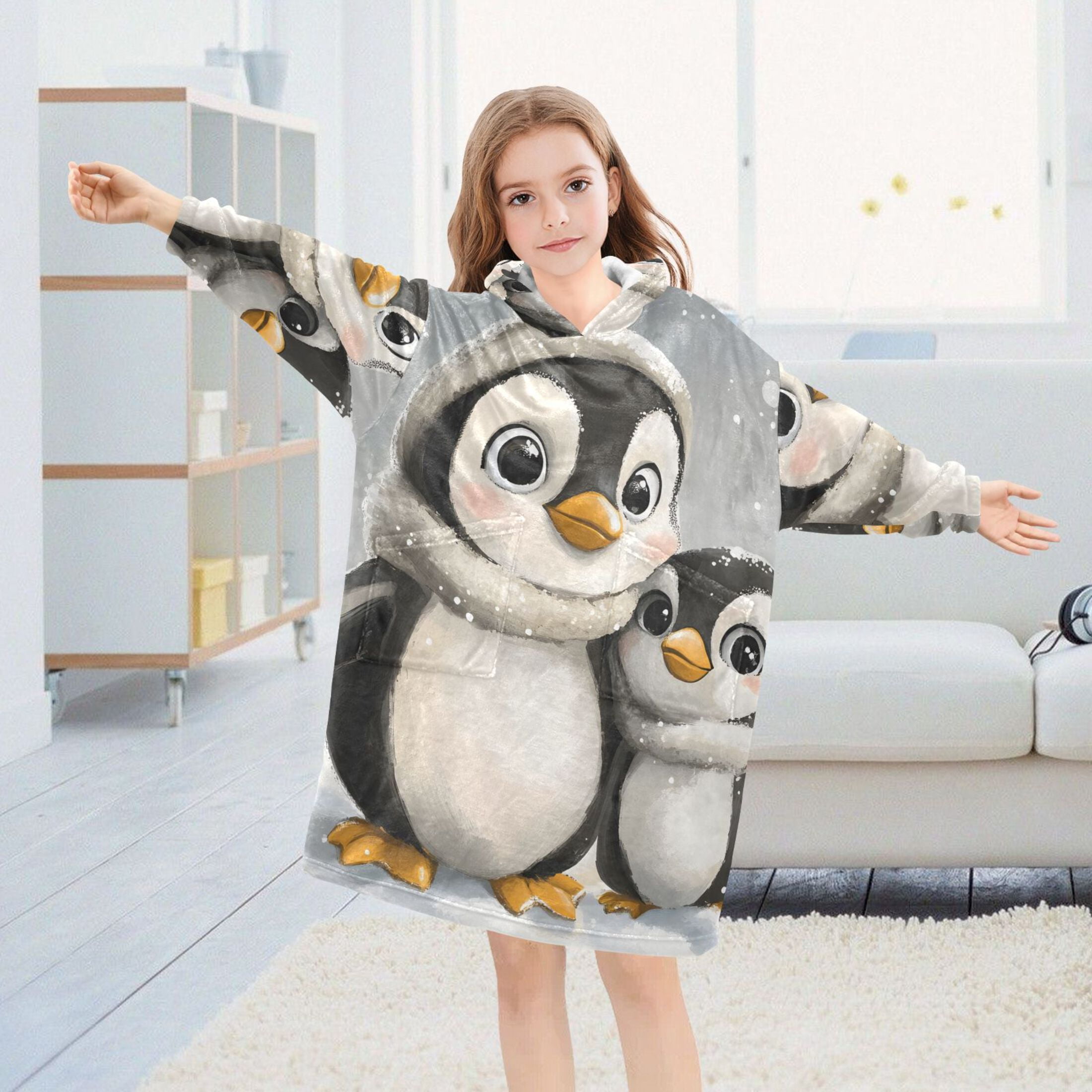 joogoo Wearable Blanket Hoodie for Kids Cute Penguins Flannel Oversized Sweatshirt 3-14 Years M