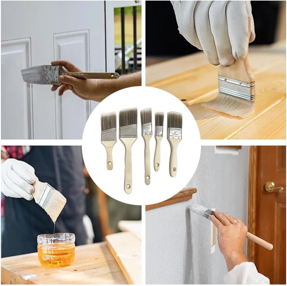 Paint Brush Set, Wood Stain Brush Pack, Furniture Paint Brush Angled For All-Purpose Paintbrush Set With Wooden Handles For Wall And Fence (5 Pack Assorted Sizes)