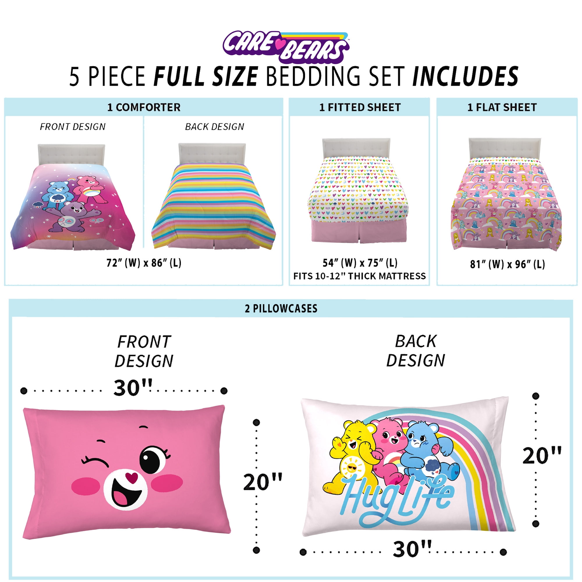 Care Bears Kids Full Bed in a Bag, Comforter and Sheets, Pink and Purple, Cloudco