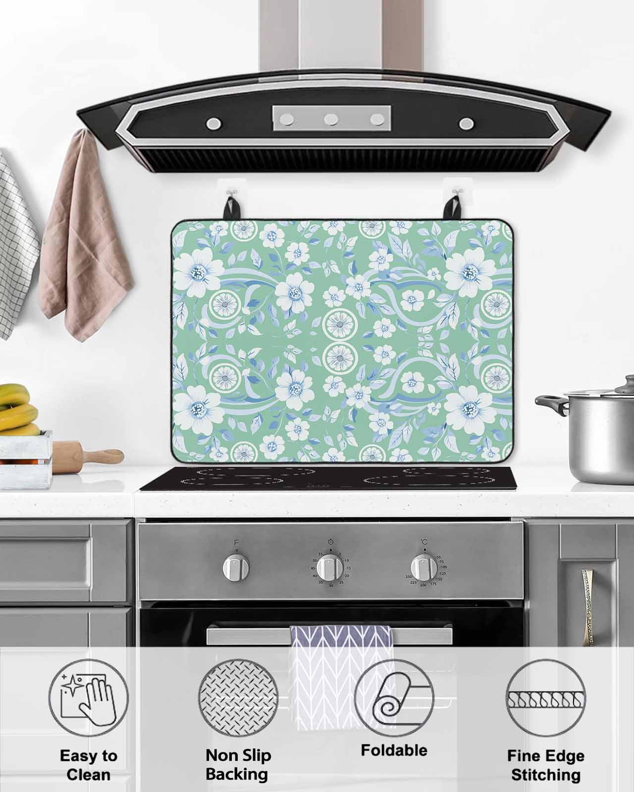 nqOlkjepod Large Induction Cooktop Protector Mat 24"x21", Light Green Blue Floral Stove Top Covers for Electric Stove, Vintage Pastoral Botanical Stove Burner Cover Mats, Glass Top Stove Cover