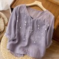 thumbnail image 6 of HAiming Cotton Linen Tops for Women Summer Casual 3/4 Sleeve V Neck Loose T Shirts Trendy Embroidery Blouses Tees, 6 of 6