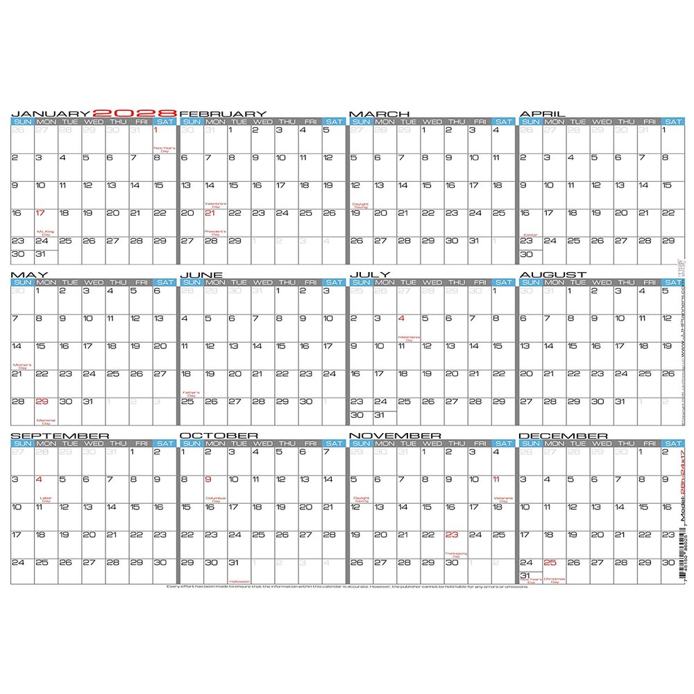 Erasable Wall Calendar 2023 JJH Planners Laminated 24" x 17" Medium 2028 Erasable Wall Calendar Horizontal 12 Month