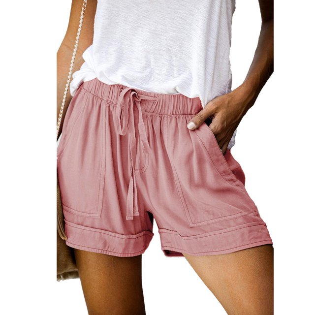 Pantalones cortos de verano para mujer, cintura elástica, cierre de cordón, cintura media, pantalones cortos de estilo casual con bolsillos laterales, rosa M