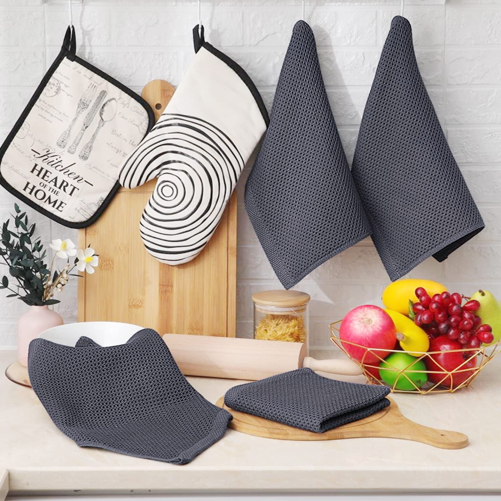 Kitinjoy 100% Cotton Kitchen Dish Cloths, 6-Pack Waffle Weave Dish Towels  for Drying Dishes Super Soft Absorbent Quick Drying Dish Rags, 12 X 12