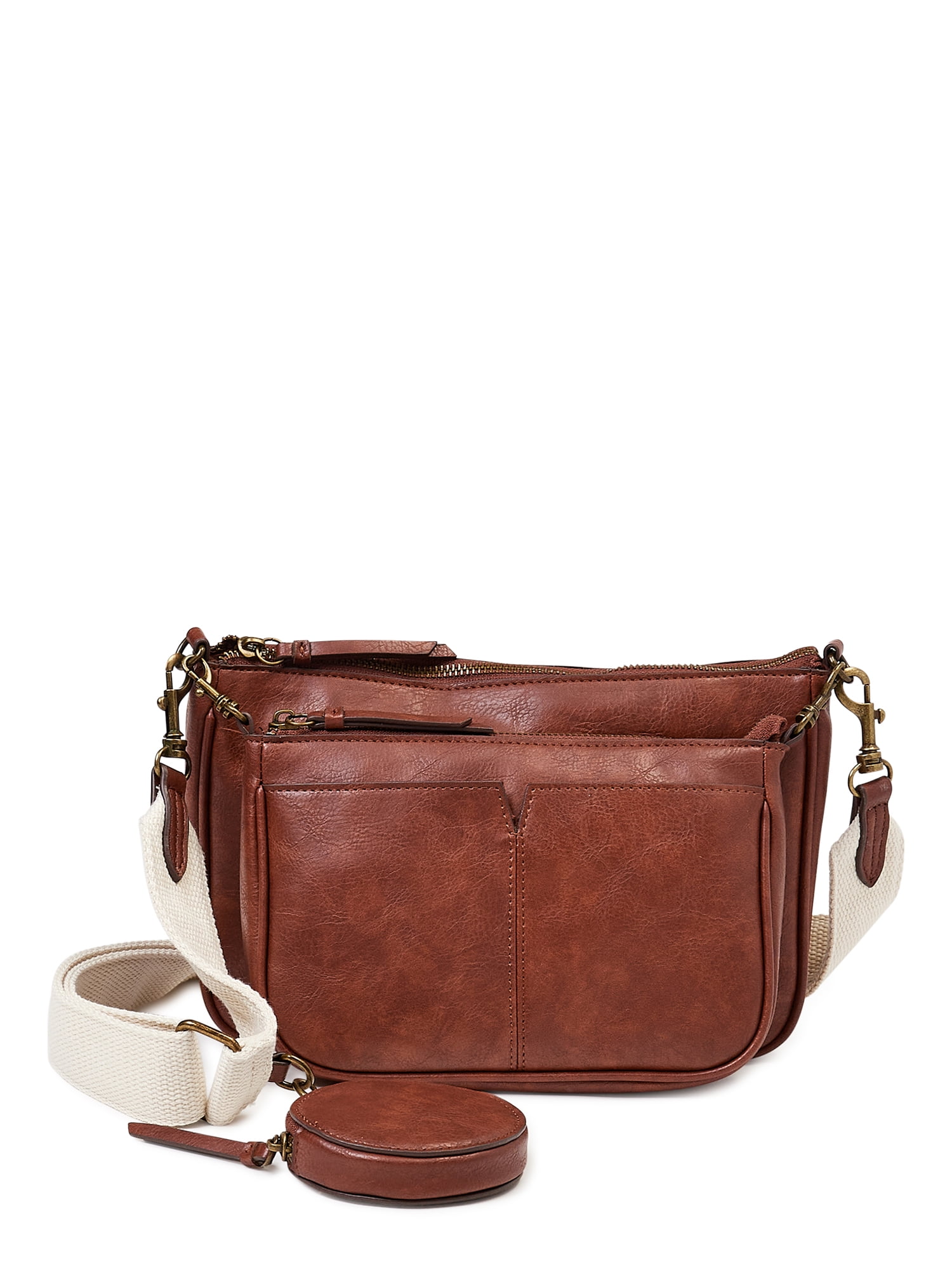 Time and Tru Women's Faux Leather Dana Crossbody Handbag Brown