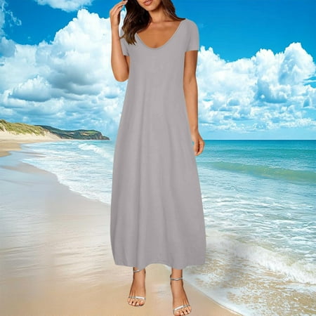 FDGIU 2025 Women s V-Neck Maxi Dress - Casual Short Sleeve Loose Fit Beach Sundress with Pockets Jersey Knit A-Line Flowy Long Dress