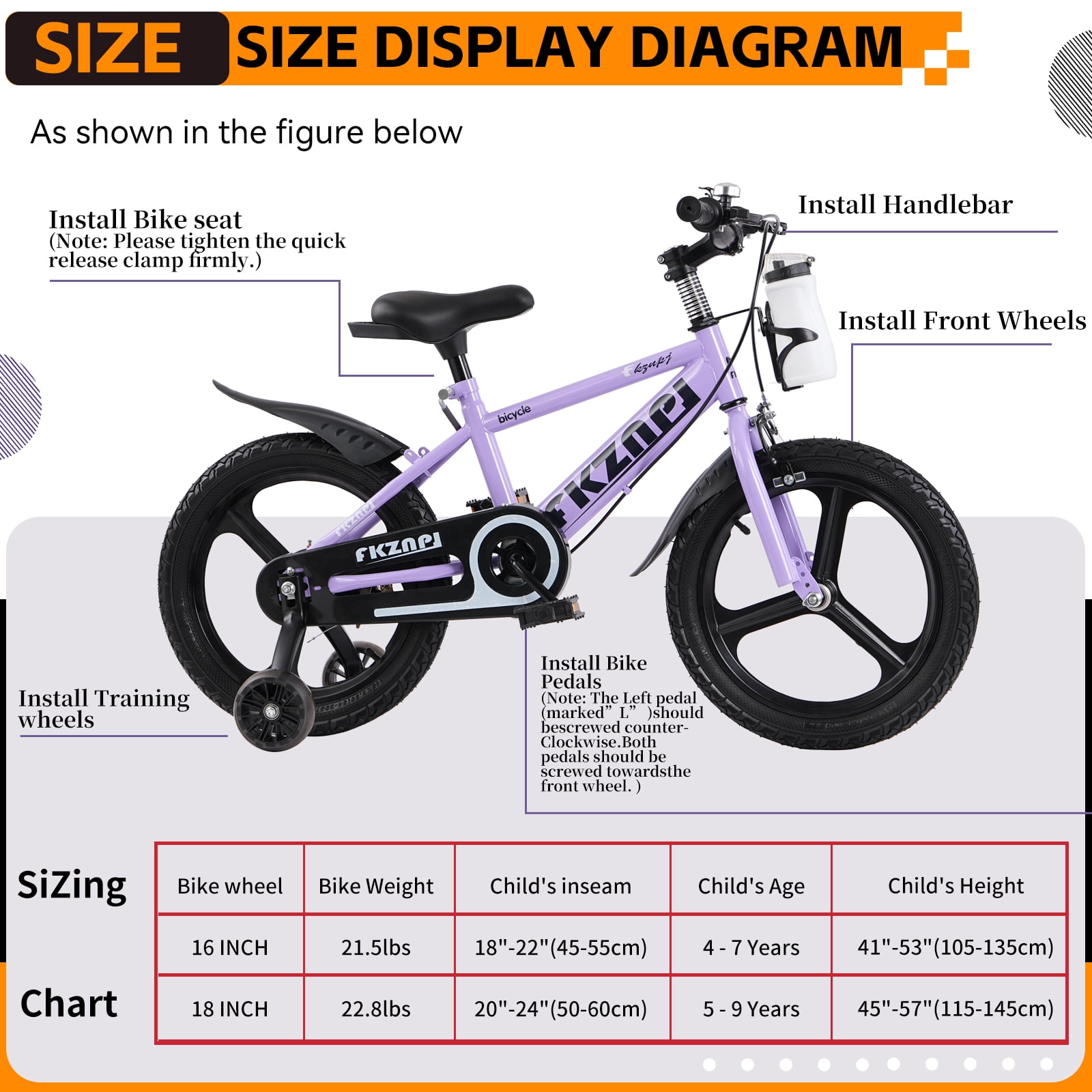 imerelez 18 Inch Kids Bike with Training Wheels,High Carbon Steel Frame & Magnesium Alloy Wheels,Night Glow Training Wheels,Adjustable Seat,Includes Water Bottle,for Ages 5-9,Purple