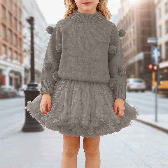 HAYIMI Kids Outfit Sets Girls Sweater Children Crewneck Dress Two Piece Puffy Skirt Autumn/winter Cozy Cartoon Clothes Sets