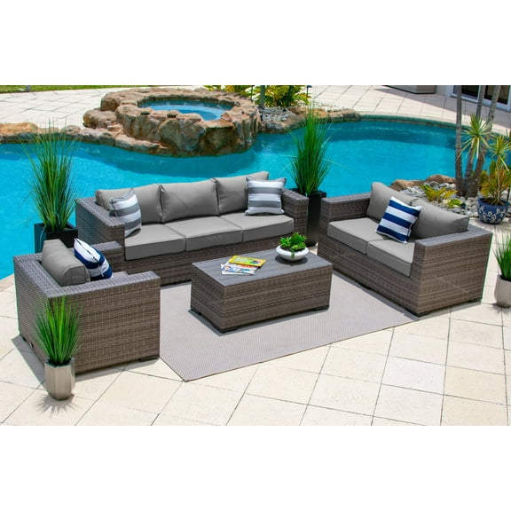 Sorrento 4-Piece XL Resin Wicker Outdoor Patio Furniture Conversation Sofa Set in Gray w/ Three-seat Sofa, Loveseat Sofa, and Coffee Table (Flat-Weave Gray Wicker, Polyester Light Gray)