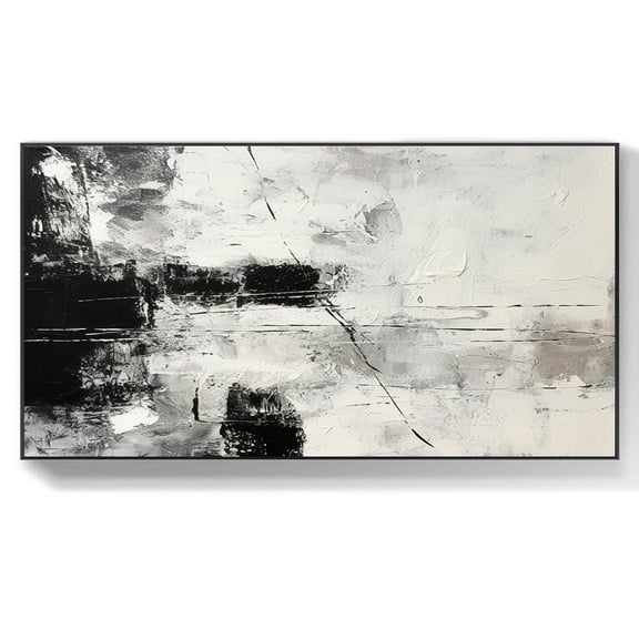 Black texture wall art living room decor art black and white painting on canvas grey oil painting art black frame abstract painting ,(41*81cm)16*32 Inches,Unstretched,Frameless