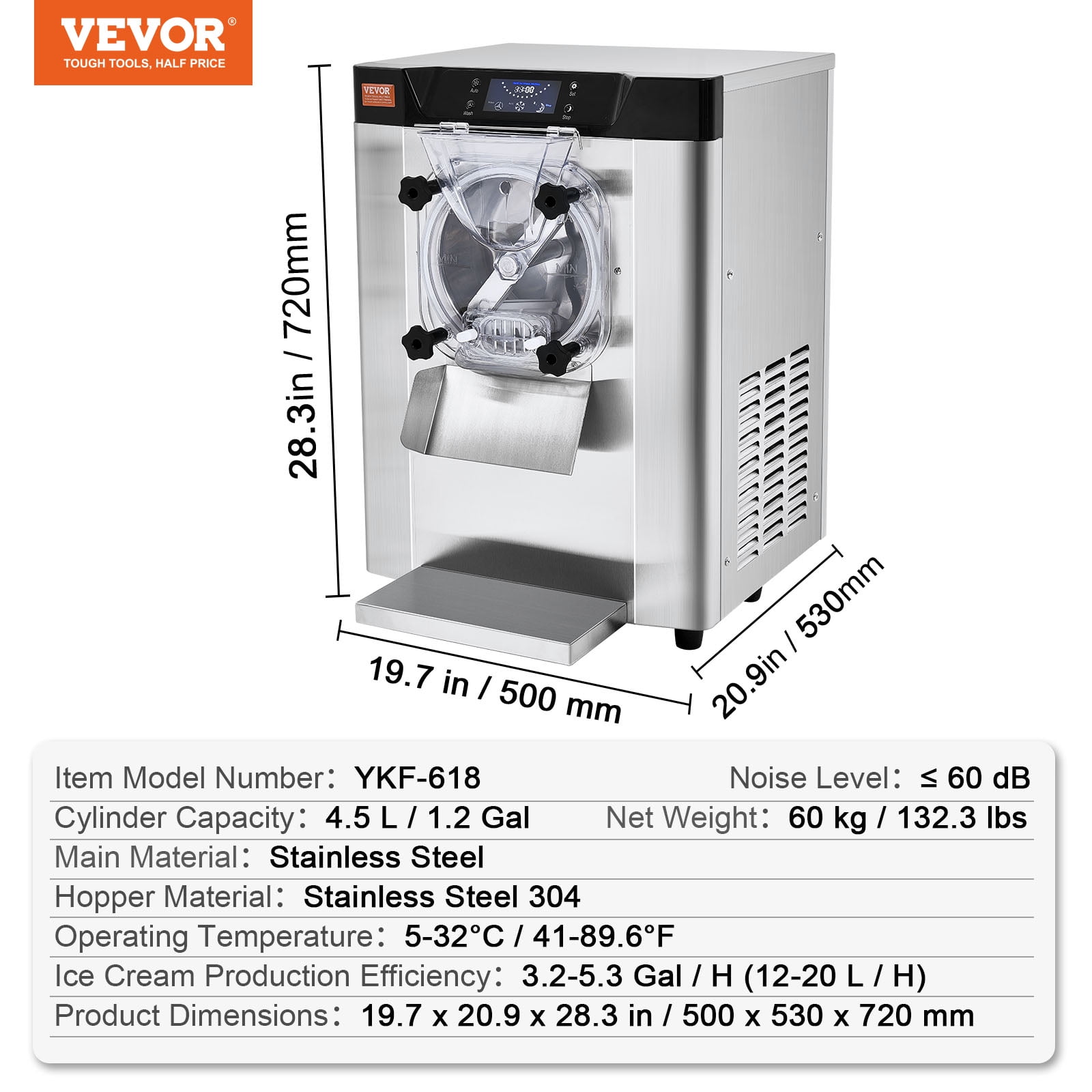 SKYSHALO Commercial Hard Ice Cream Machine Hard Serve Ice Cream Make with 4.8-6.3Gal/H Production Hard Ice Cream Machine 1.6Gal,Cylinder Countertop Hard Yogurt Maker with 2000W