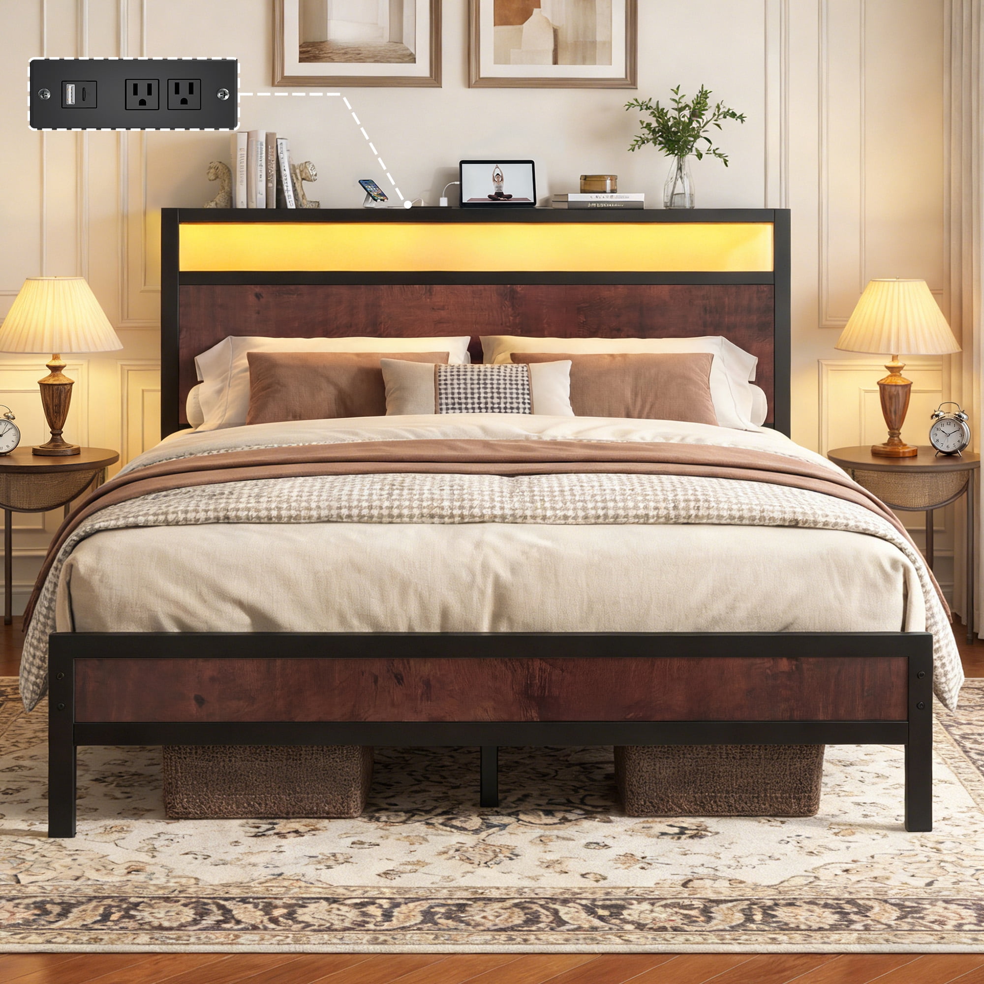 Bolvdo Queen Bed Frame with LED Headboard & Footboard, Built-in Charging Station, Storage Shelf, Noise-Free, No Box Spring Required, Easy Assembly, Coffee Brown