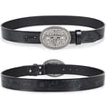 thumbnail image 5 of Unisex Western Punk Single‑Row Belt, Retro Floral Embossed Faux Leather Strap, Adjustable Size, Cowboy‑Inspired Casual Jeans Wear, Western Belt Buckle Black 115, 5 of 6